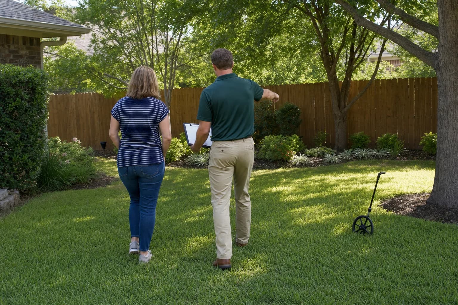 A landscaper walking a backyard with a homeowner during an initial consultation